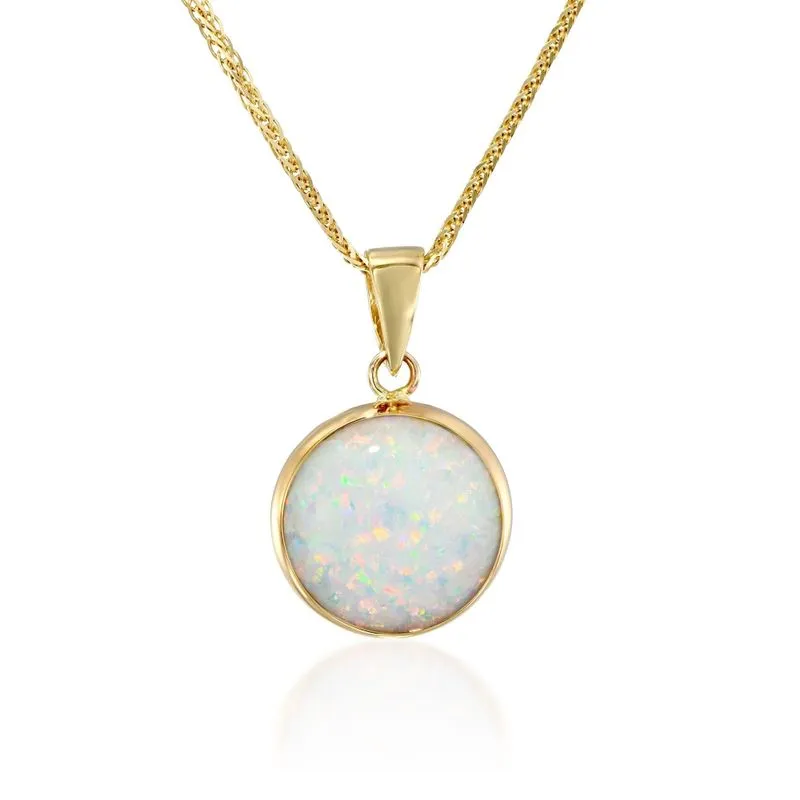 14K Yellow Gold Round White Opal 12mm Pendant