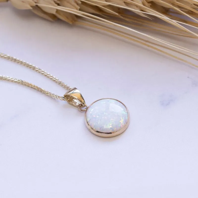 14K Yellow Gold Round White Opal 12mm Pendant