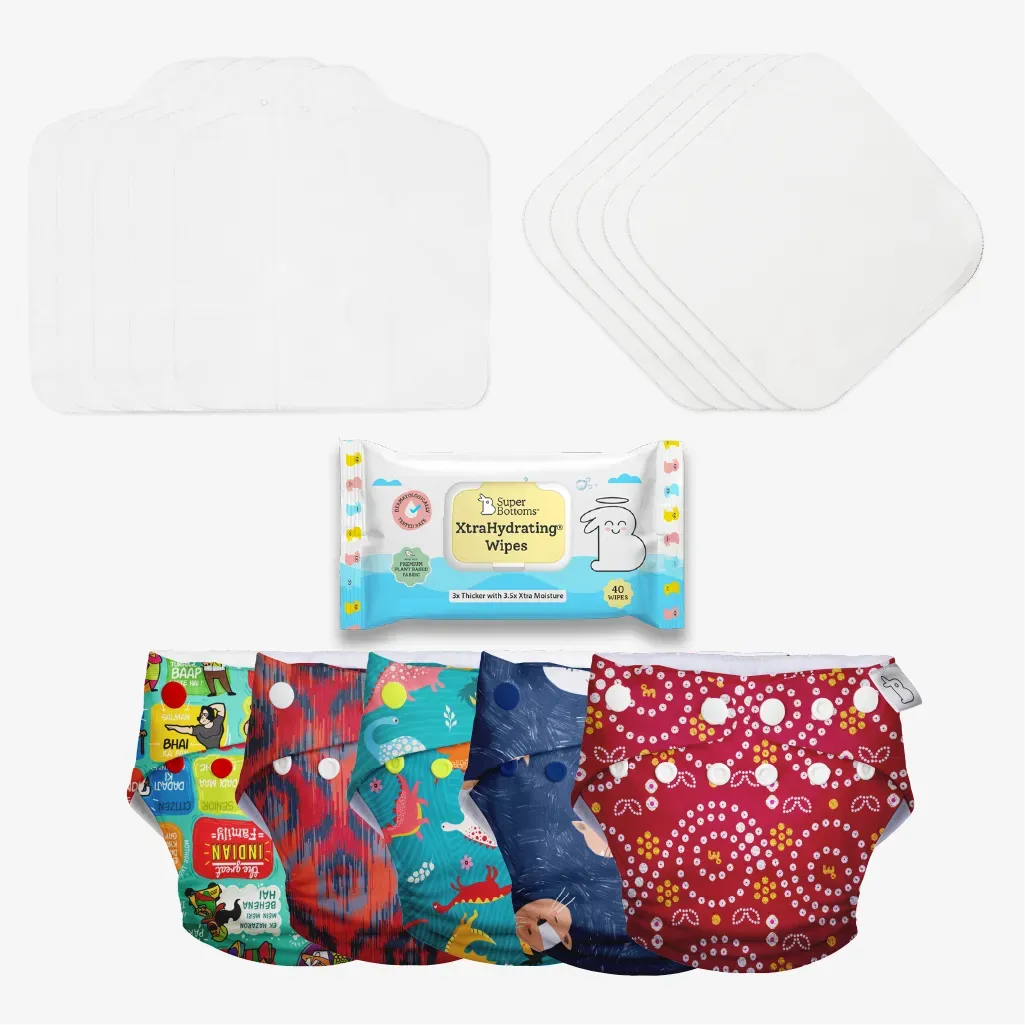 5 Freesize UNO Cloth Diaper + FREE Wipes - 40 Pack