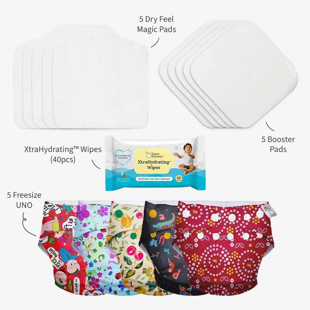 5 Freesize UNO Cloth Diaper + FREE Wipes - 40 Pack