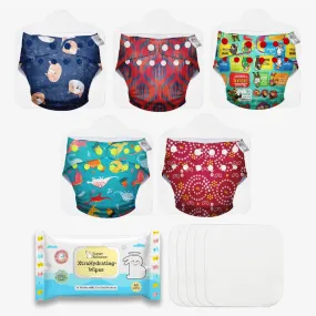 5 Freesize UNO Cloth Diaper + FREE Wipes - 40 Pack