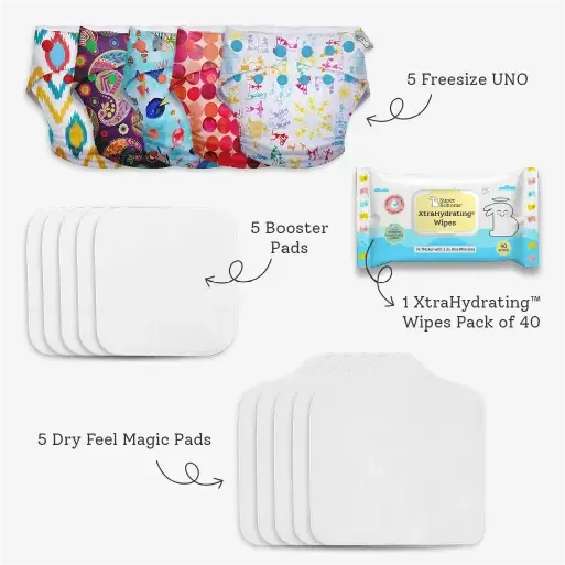 5 Freesize UNO Cloth Diaper + FREE Wipes - 40 Pack