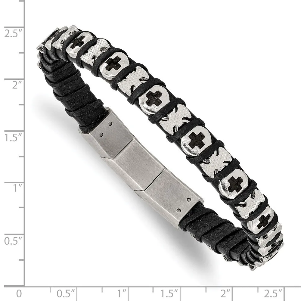 9mm Stainless Steel & Black Leather Adjustable Cross Bracelet, 8 Inch