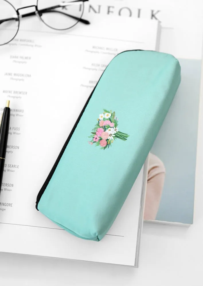 Aquamarine Pink Rose Bouquet Graphic Pencil Cases Stationery Zipper School 19cm Office Cosmetics Pouches Artists Designer Prints