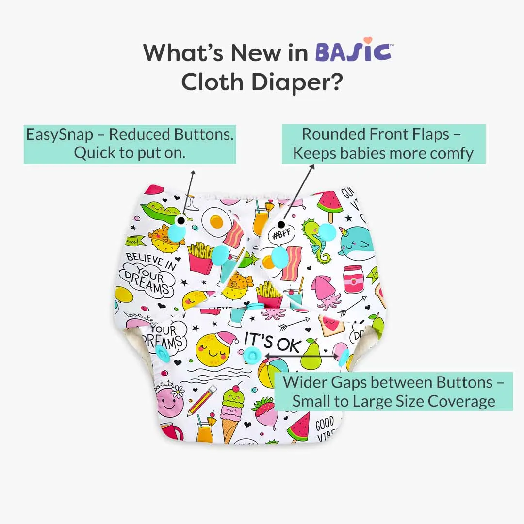 Doodles - BASIC Cloth Diaper, New & Improved with EasySnap & Quick Dry UltraThin Pad