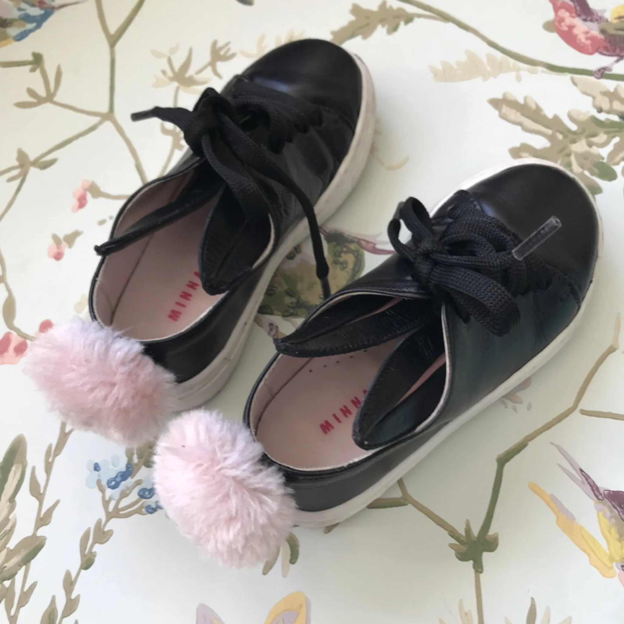 Minna Parikka Black Bunny Ears Leather Trainers With Pink Pom Poms (Size 24)