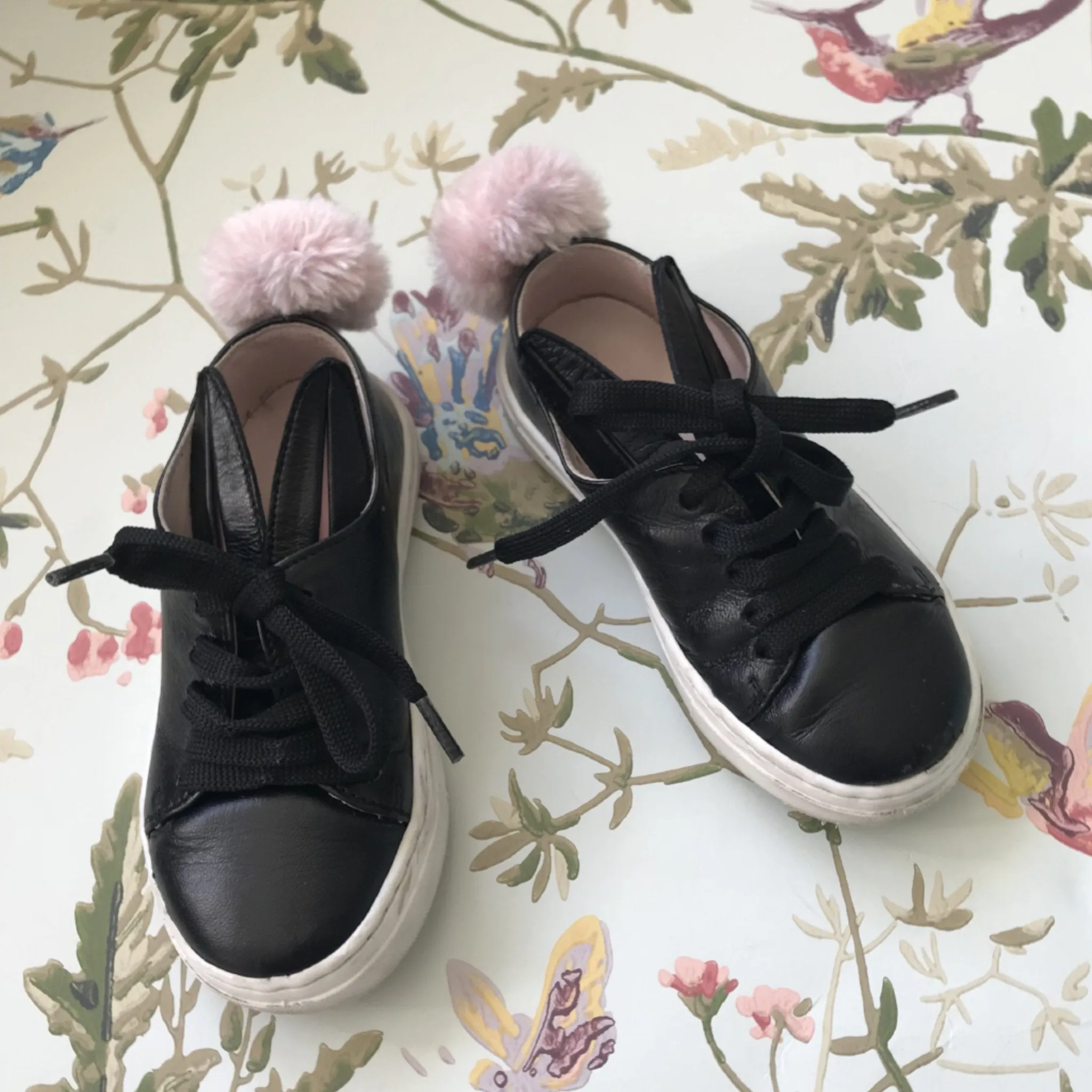 Minna Parikka Black Bunny Ears Leather Trainers With Pink Pom Poms (Size 24)