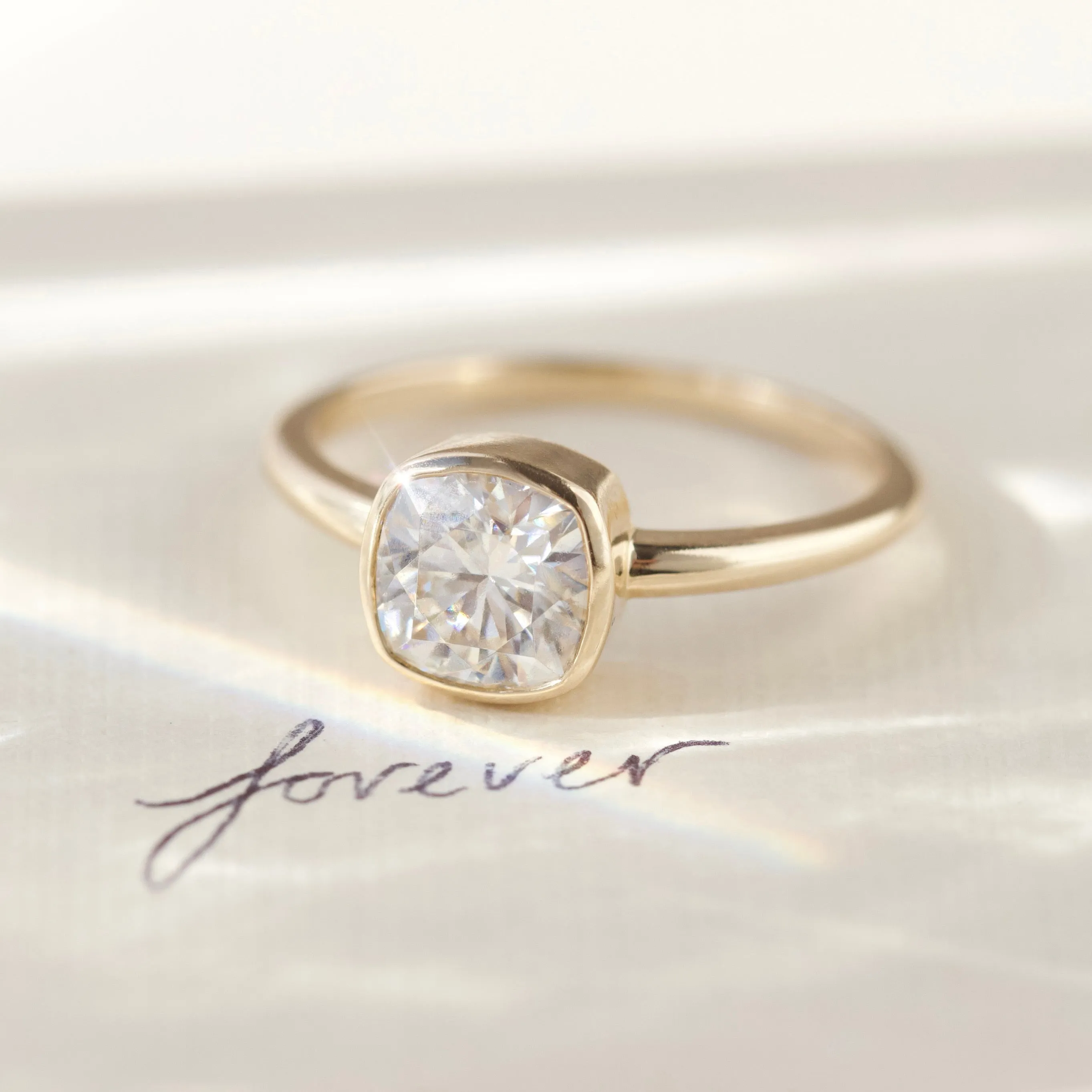 Moissanite Cushion Cut Bezel Set Ring