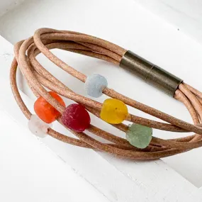 Natural Leather and Colorful Recycle Glass Beads - WS