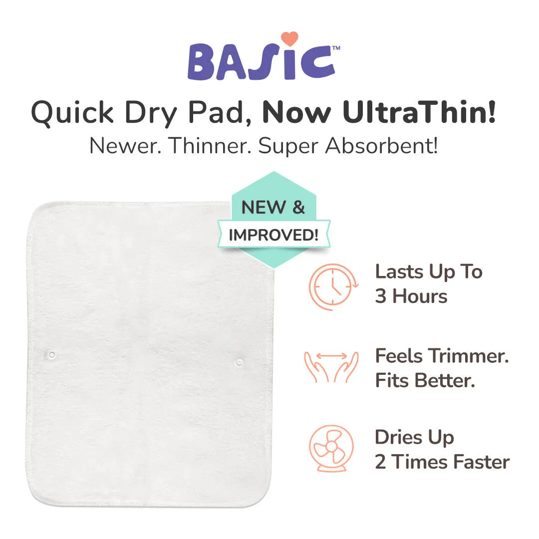 Pack of 4 BASIC Diaper, New & Improved with EasySnap & Quick Dry UltraThin Pad - (4 Shell + 4 Pads) - No Print Choice