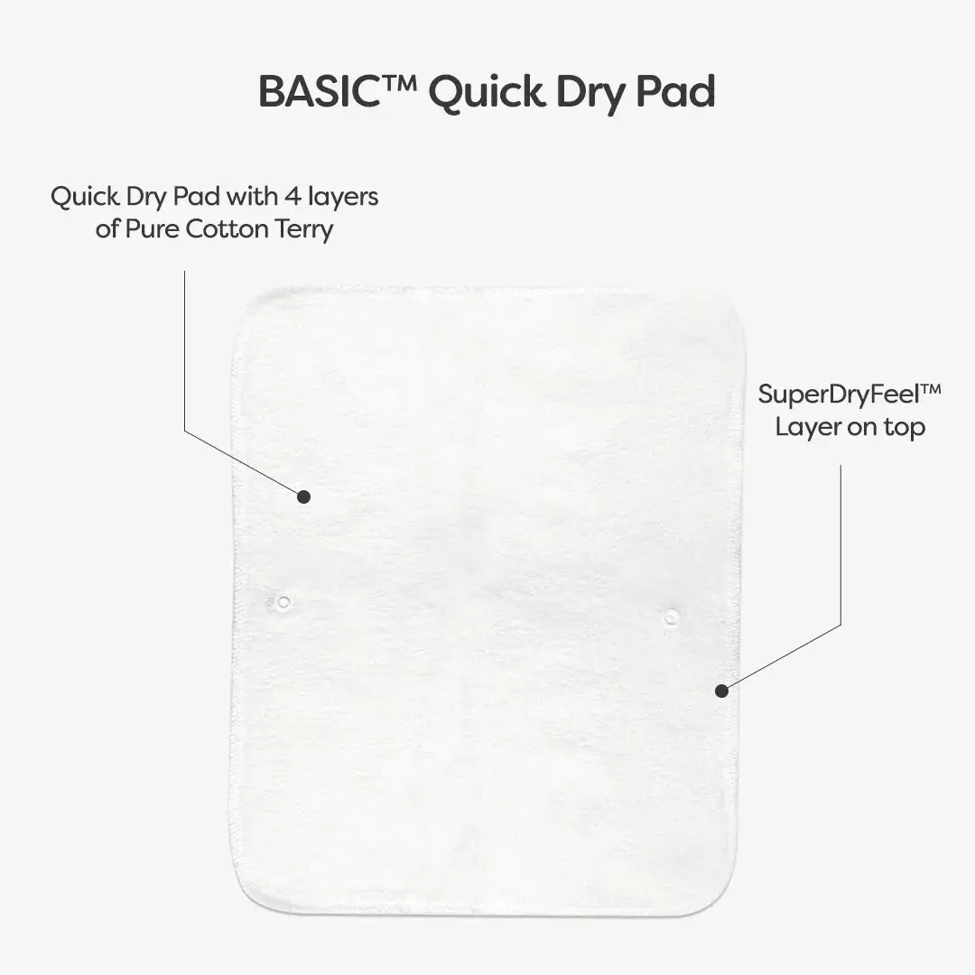 Pack of 4 BASIC Diaper, New & Improved with EasySnap & Quick Dry UltraThin Pad - (4 Shell + 4 Pads) - No Print Choice