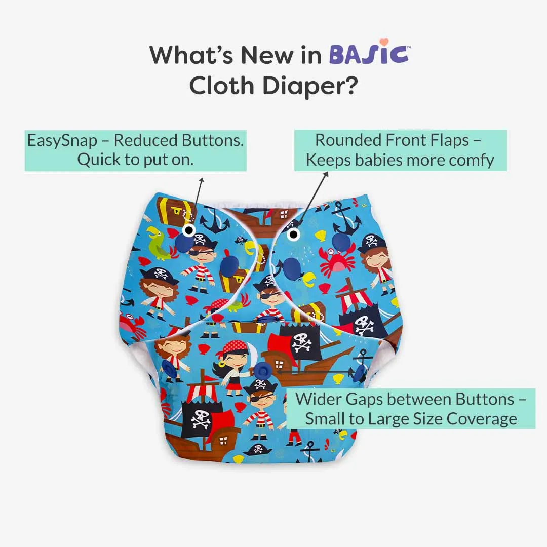 Pirate - BASIC Cloth Diaper, New & Improved with EasySnap & Quick Dry UltraThin Pad