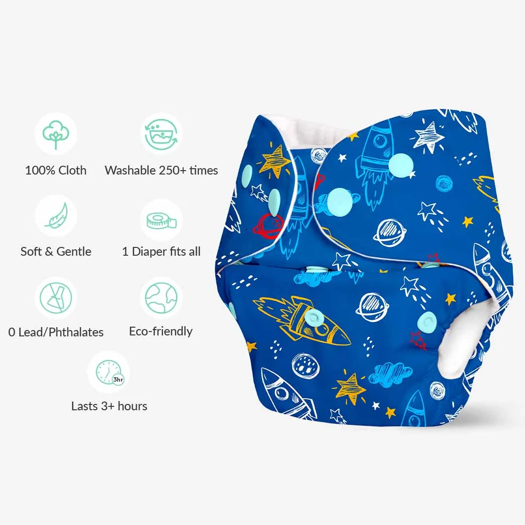 Space Rocket - BASIC Cloth Diaper, New & Improved with EasySnap & Quick Dry UltraThin Pad