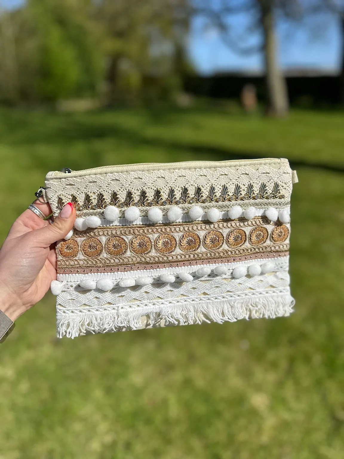 Stone Gold Shimmer Pom Pom Lace Clutch Bag