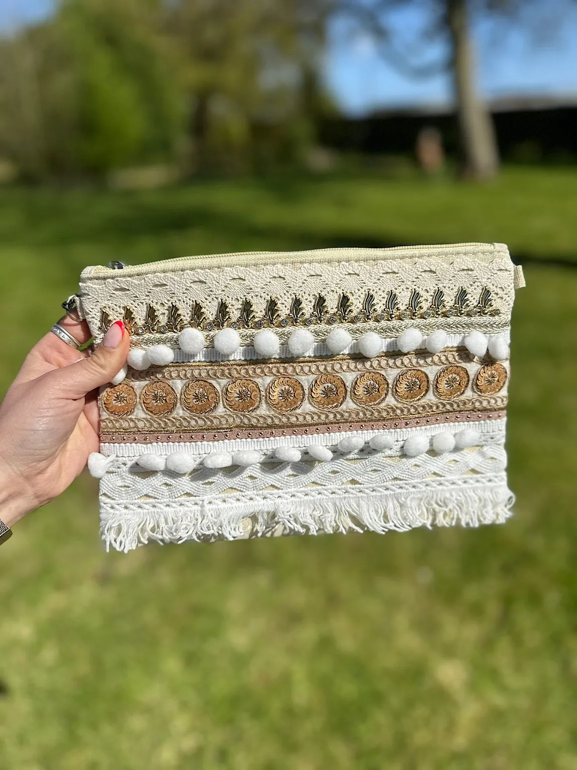 Stone Gold Shimmer Pom Pom Lace Clutch Bag