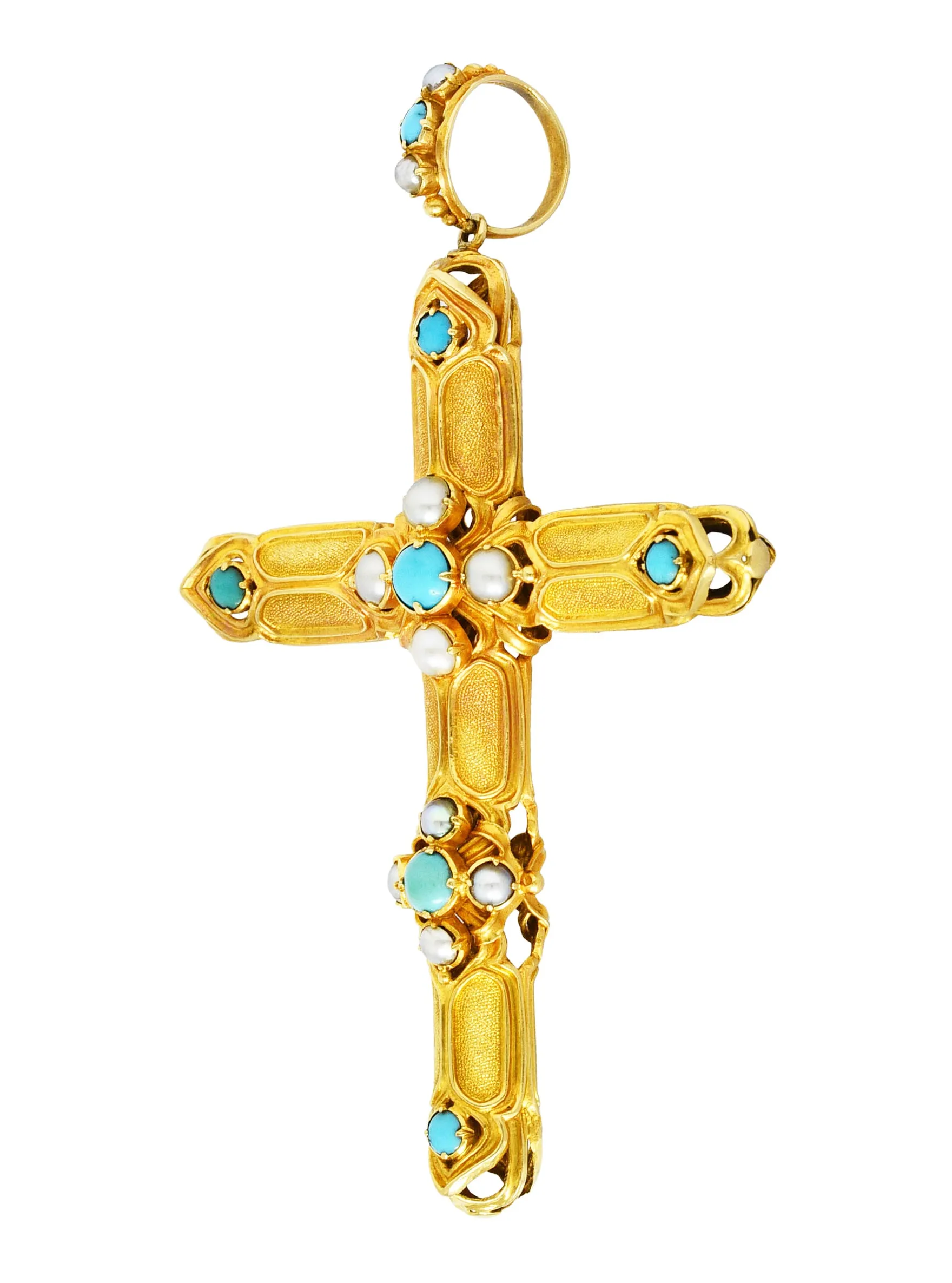 Victorian Turquoise Pearl 18 Karat Yellow Gold Cross Vintage Pendant