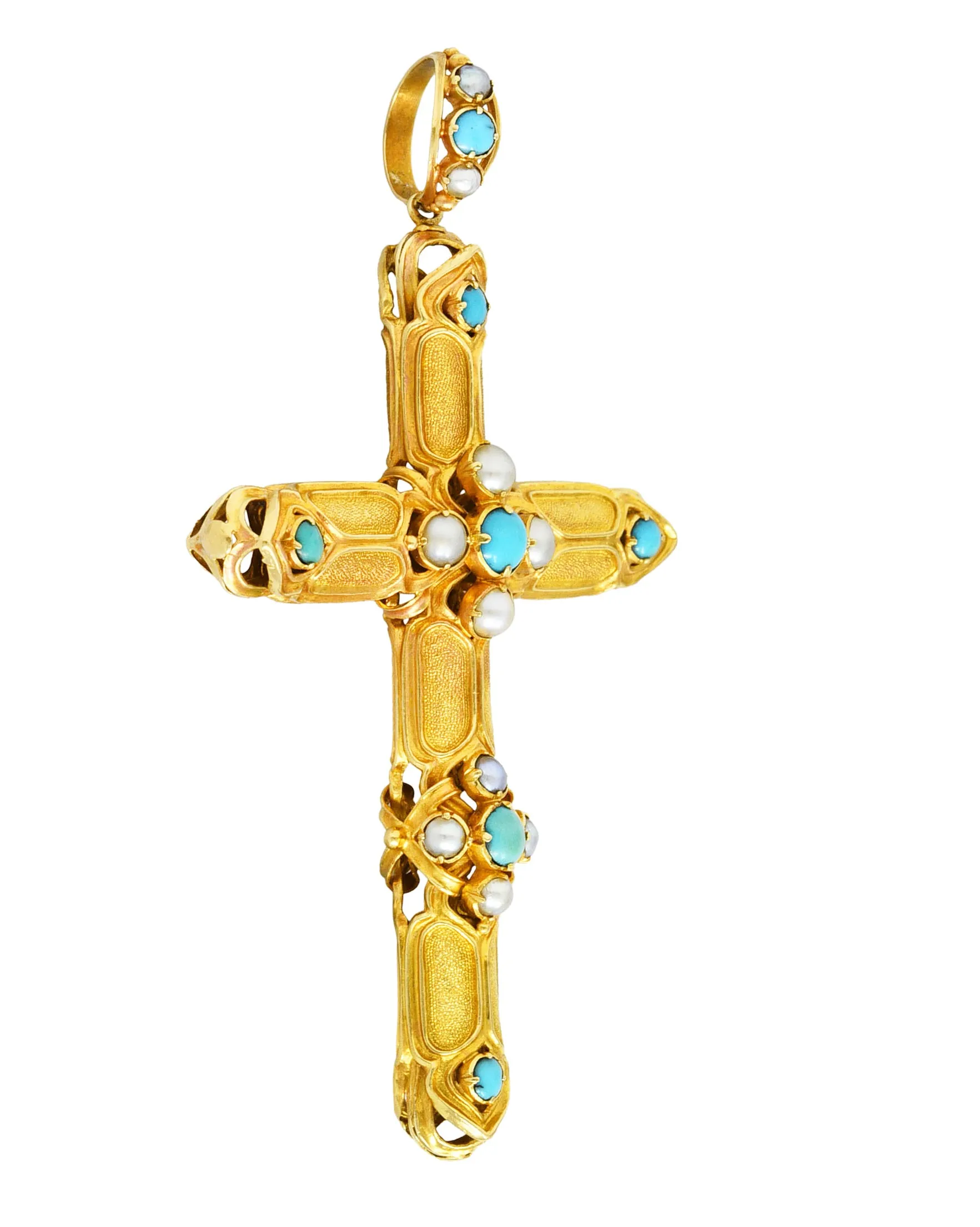 Victorian Turquoise Pearl 18 Karat Yellow Gold Cross Vintage Pendant