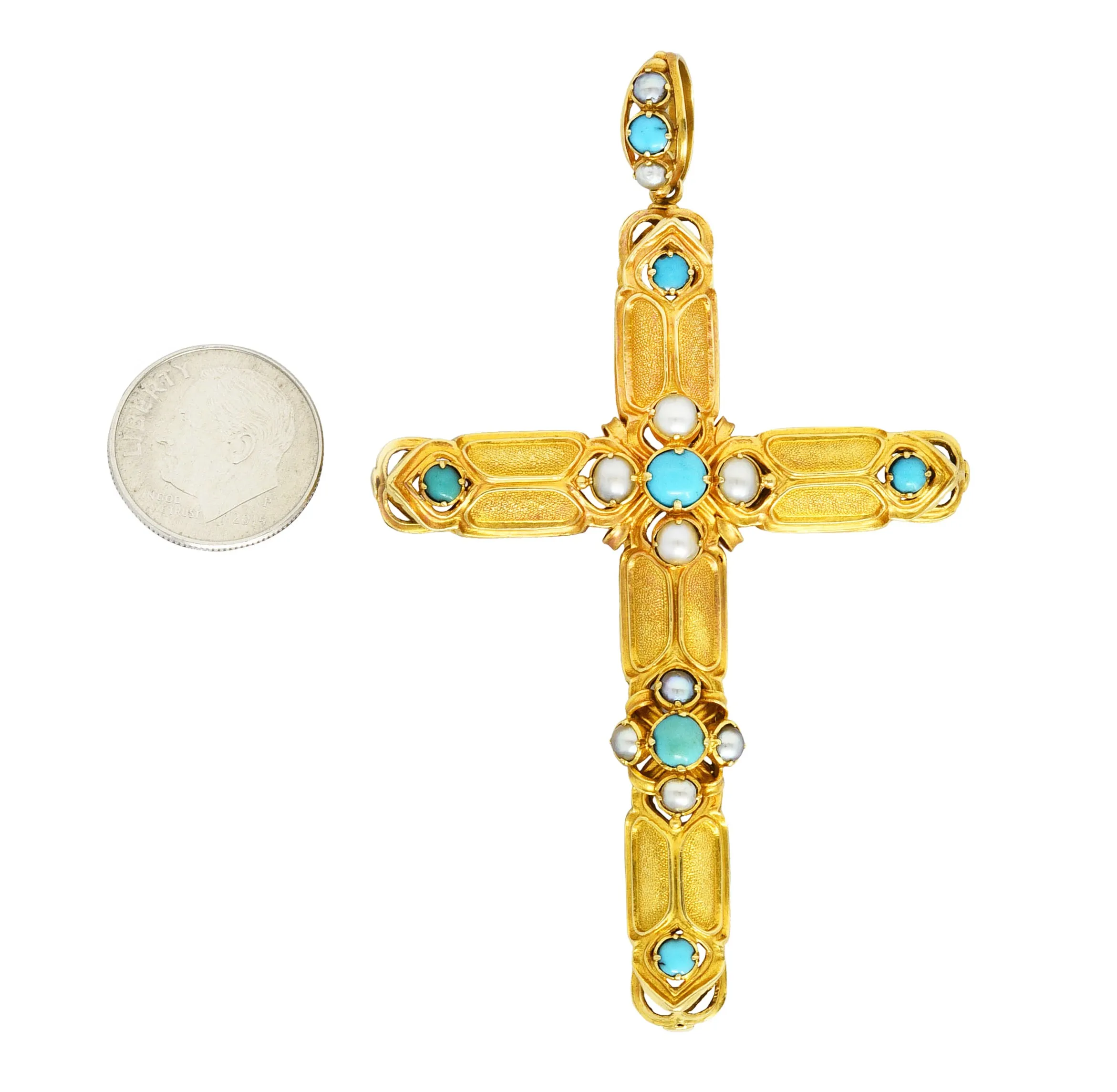 Victorian Turquoise Pearl 18 Karat Yellow Gold Cross Vintage Pendant