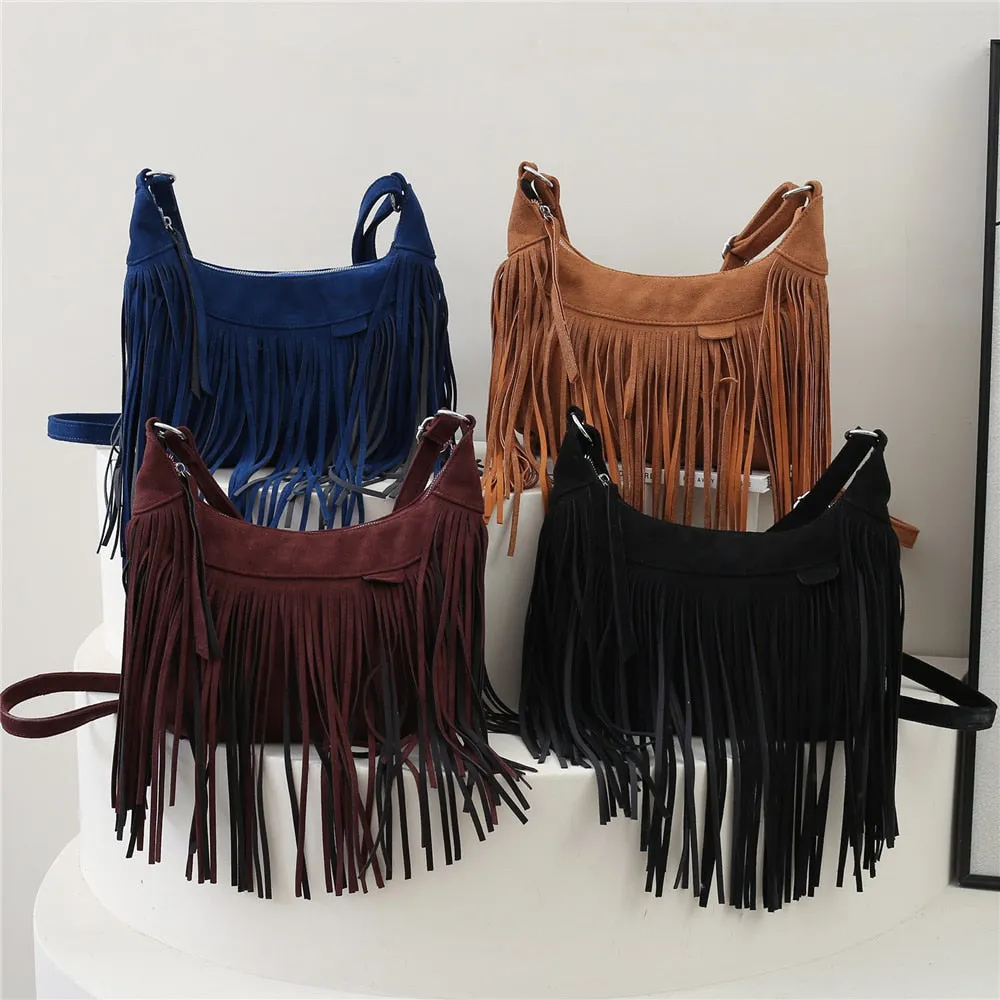 Women's Vintage Tassel Half Moon Fringe Shoulder Crossbody Handbag