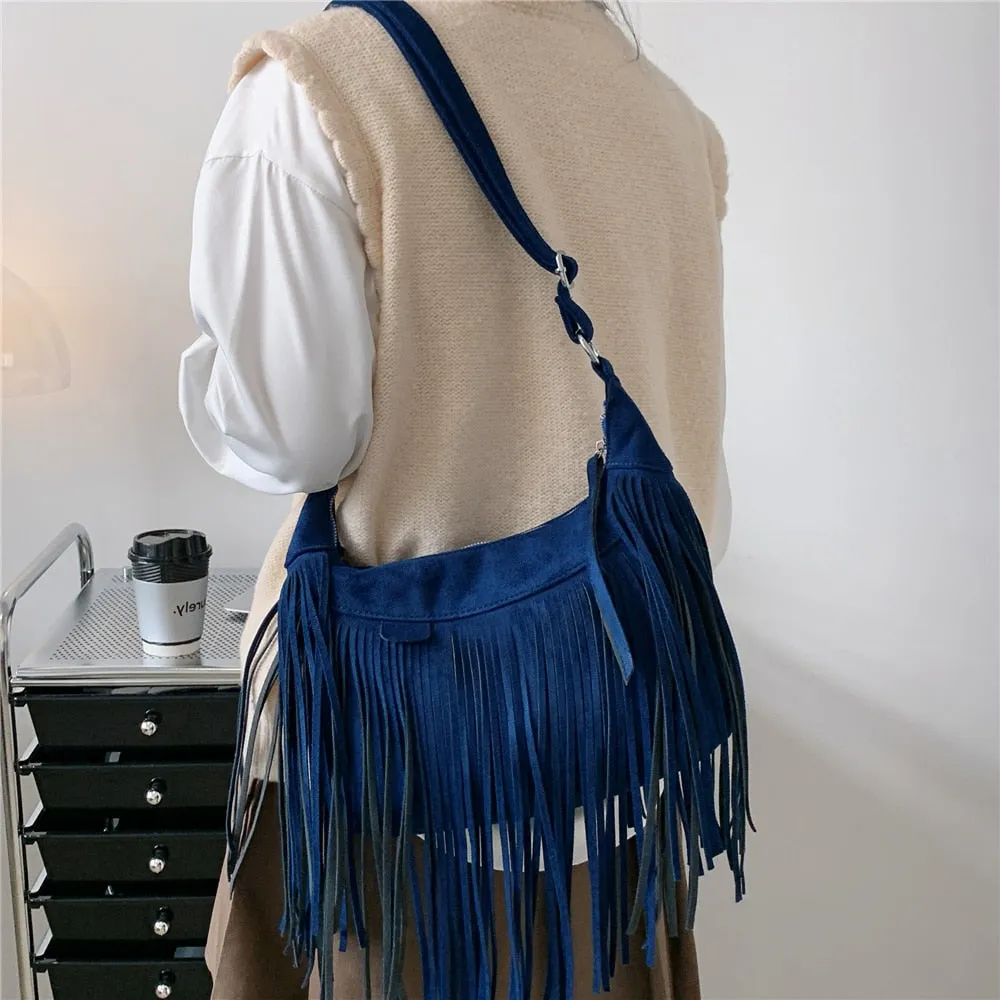 Women's Vintage Tassel Half Moon Fringe Shoulder Crossbody Handbag