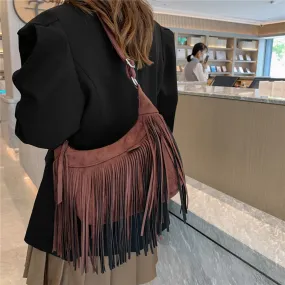 Women's Vintage Tassel Half Moon Fringe Shoulder Crossbody Handbag