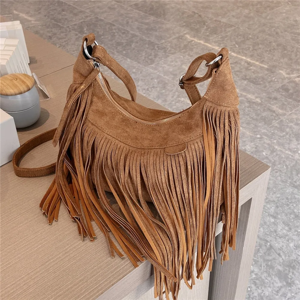 Women's Vintage Tassel Half Moon Fringe Shoulder Crossbody Handbag