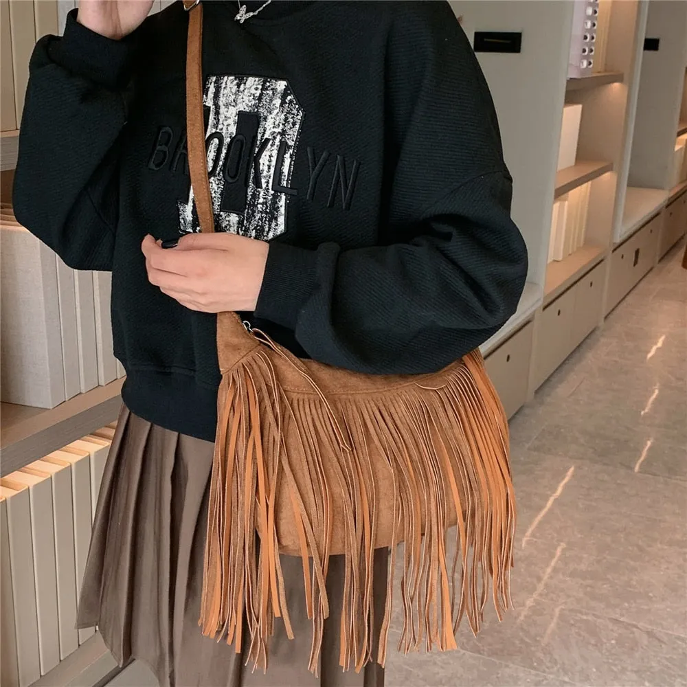 Women's Vintage Tassel Half Moon Fringe Shoulder Crossbody Handbag