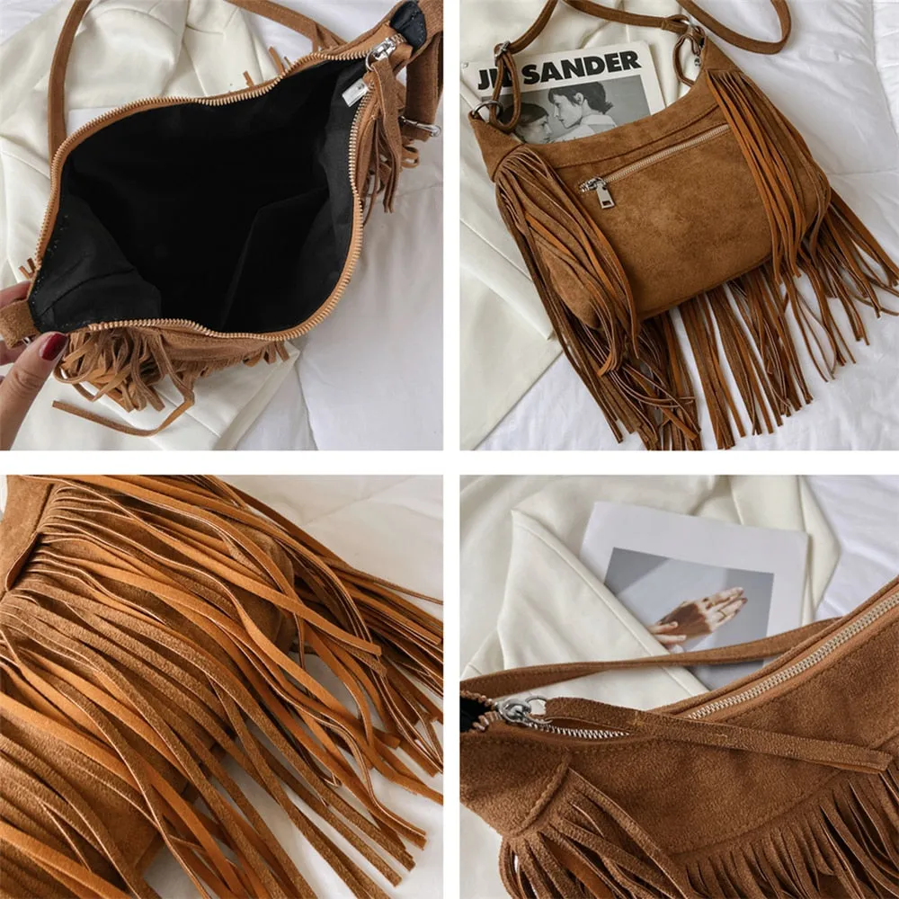 Women's Vintage Tassel Half Moon Fringe Shoulder Crossbody Handbag