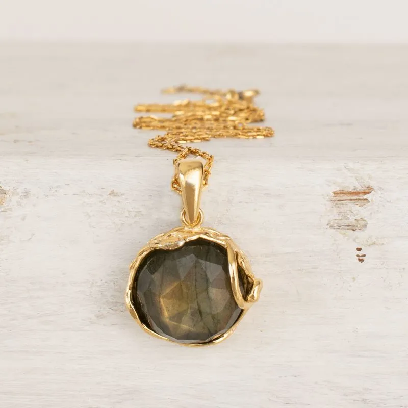 Yellow Gold Plated Rose Cut Labradorite Large Vintage Style Pendant