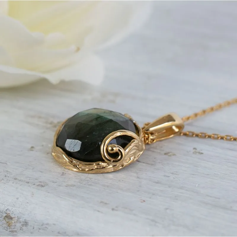 Yellow Gold Plated Rose Cut Labradorite Large Vintage Style Pendant