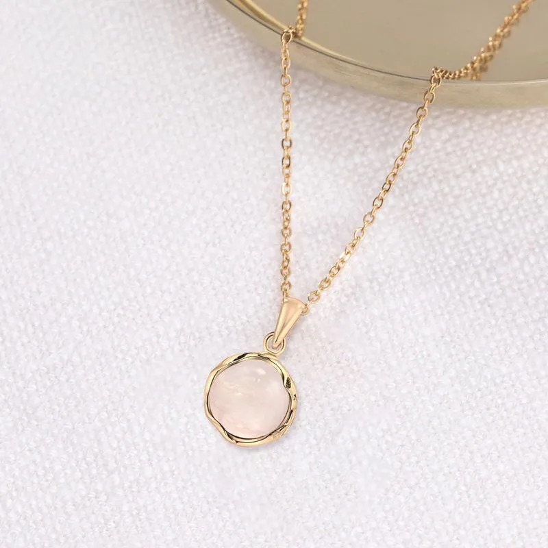 Yellow Gold Plated Round Pink Rose Quartz 12mm Pendant