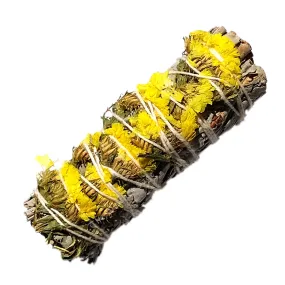 Yellow Sinuata Flowers with White Sage Smudge Stick 3-4